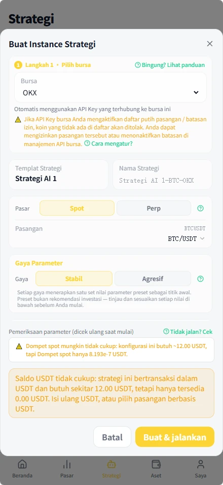 Layar aplikasi: pemeriksaan sebelum memulai untuk satu pasar, menampilkan setiap butir pemeriksaan dengan status lolos atau perlu ditangani, beserta dasar dari setiap kesimpulannya.