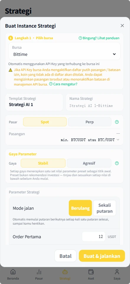 Layar aplikasi: langkah konfirmasi parameter strategi, setiap parameter diikuti catatan berbahasa sederhana tentang risiko yang dibawanya.