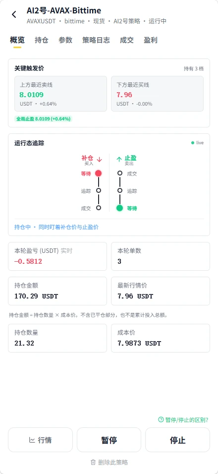 App 界面：一个正在运行的策略卡片，显示运行状态胶囊、已经运行了多久，以及最近发生的一条事件。